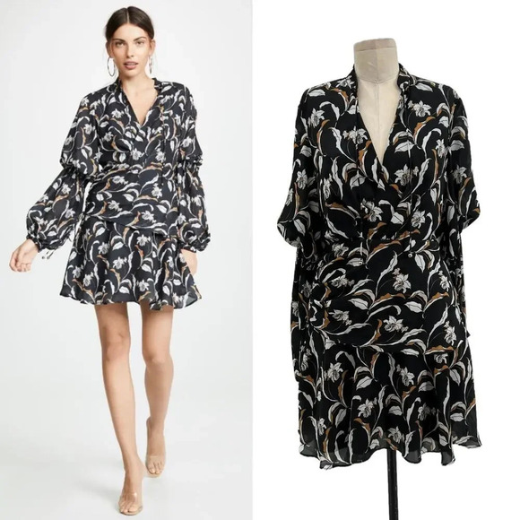 Acler‎ Zammit Mini Dress Long Sleeve Floral Printed Draped Navy Blue Size US 6 - Picture 1 of 16
